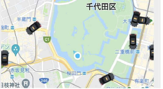 アプリの地図上に示されたタクシーの現在地